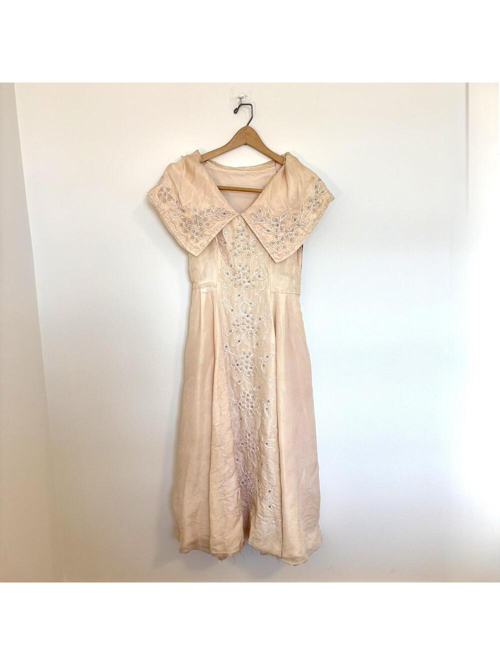 Antique Silk Satin Dress Blush Pink Beaded Edwardian Titanic Flapper Girl